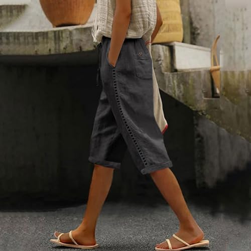 Capri Pants for Women Drawstring Wide Leg Cropped Bermuda Cotton Linen Casual Palazzo Pant with Pockets2