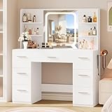 LIVELYGLOW Large Makeup Vanity Desk, 43.3”W x 15.7“D x 53.2”H, White (Large Desktop, Samrt LED Mirror, 4 Open Shelves, 7 Drawers, Hairdryer Rack, Power-Outlet, No Cushion Stool Included)