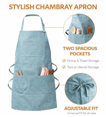 Image of Zollyss Kitchen Apron with Adjustable Cross Back Straps, Cotton Water Resistant, Front Pockets, Chambray Blue