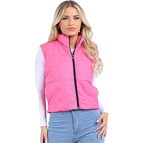 Women's Gilet Zip Up Puffer Cropped Jacket Quilted Vest Waistcoat Black Padded Winter Wear Bodywarmer Coat Top For Ladies UK S-XL (Hot Pink, M, m) Cover