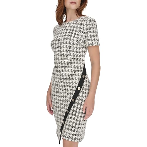 Image of Tommy Hilfiger Women's Short Sleeve Jewel Neck Colorblock Studded Asymmetrical Hem Crepe Mini Dress