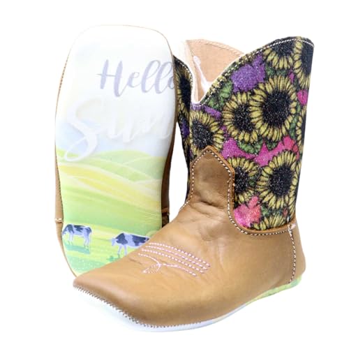 Tin Haul Western Boots, Sunflower Print Shaft, Brown Leather, Side Zip Closure, (Brown And Blue, US Footwear Size System, Infant, Women, Numeric, Medium, 4)