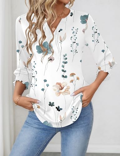 Rapbin Ladies Blouses 3/4 Length Sleeve Elegant V-Neck Summer Casual Tunic Tops for Women Business Shirts (12-14, White Blue Floral) - Image 3