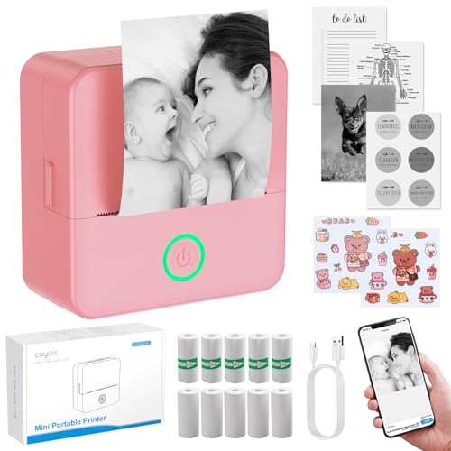 eSynic Mini Imprimante Portable à Autocollants sans Encre Toner Impression Noir Blanc Mini Imprimante Thermique Bluetooth Compatible avec Android iOS avec Papier...