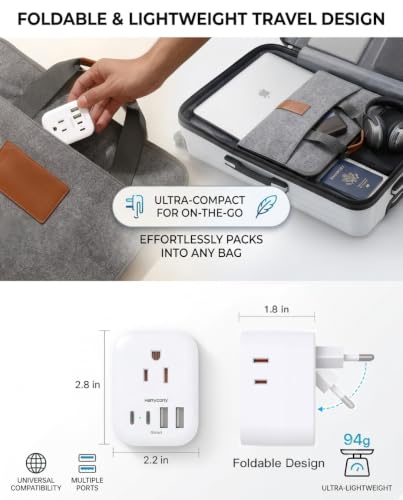 Image of European Travel Plug Adapter, Foldable Type C Adapter for US to Most Europe | HANYCONY International Power Adapter 4 Outlets 4 USB C Ports (2 USB C), EU Italy Spain Greece Portugal France Germany Holland