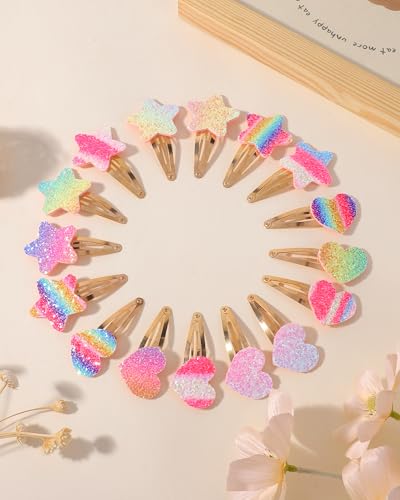 16 PCS 2.6 Inches Snap Hair Clips No Slip Metal Star Heart Flower Hair Clips Sequin Small Snap Hair Barrettes Hairpins for Fine Hair Women(16pcs-B)