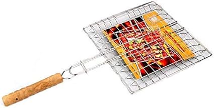 Brand Bucket Stainless Steel Portable Barbecue BBQ Grill Net Basket Roast Grilling Tray Plated with Wooden Handle Small.