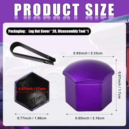 Image of Blueshyhall 17mm Wheel Lug Nut Cover Bolt Caps Anti-Rust Car Tire Nut Cover with Removal Tool (Pack of 20) - Chrome Purple