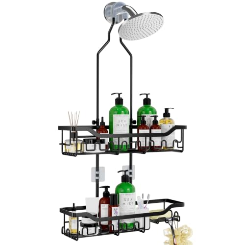 Joqixon Shower Caddy Hanging Organizer, Extra Large Rack Over Showerhead with Hooks, Adjustable Height Shower Caddy for Big Shampoo Bottle, Black