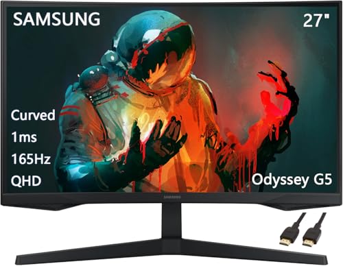 Samsung 27' Odyssey G55C Series QHD 1000R Curved Gaming Monitor, 165Hz, 1ms, Eye Care, HDR10, AMD Radeon FreeSync, Black, with HDMI Cable
