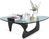 OTDMEL Triangle Glass Coffee Table with Solid Wood Base, Vintage Clear Glass Top Modern Design for Living Room, Patio, Study, Black