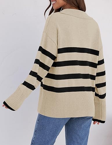 ZESICA Women's 2025 Fall Winter Sweaters Lapel V Neck Long Sleeve Striped Chunky Knit Oversized Pullover Sweater Jumper Tops4