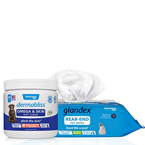 Glandex Vetnique Dermabliss Omega & Skin Supplement Chews For Dogs (60Ct) Anal Gland Hygienic Dog Wipes (100Ct) Bundle #TOP25