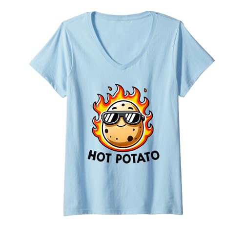 Mujer Lindo Juego de palabras de comida divertida de dibujos animados Kawaii en el fuego Patata caliente Camiseta Cuello V
