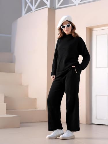 Image of Kvetoo Women Winter Coord Set Wool Blend High Neck Sweater and Wide Leg Pants Warm Tracksuit Pajama Set Two Piece Knitwear Travel Wear for Lounge Casual Office