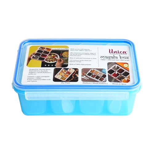 Image of UNICA Spice Box with 8 Pots & 4 Tea Spoons, BPA-free Plastic Spice Organizer with Air Resistant Lid & Non-slip Base, Condiment Tray for Dry Fruits, Mukhwas, Spices, Dishwasher-safe BLUE