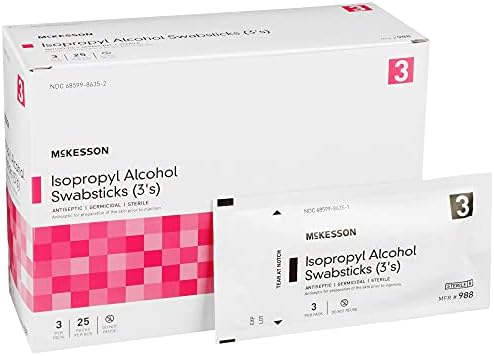 McKesson Isopropyl Alcohol Swabsticks, Sterile, Individual Packet, 3 Sticks, 25 Packs, 75 Total