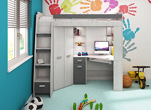 Hochbett mit Schreibtisch, Schubladen und Regalen von FurnitureByJDM