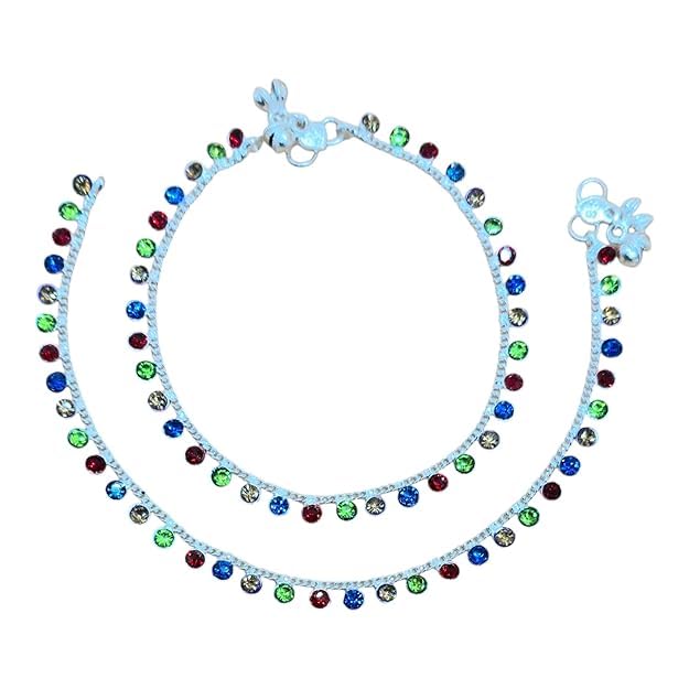 AWESOME ZONE Silver Payal for Women | Colorful Stone Anklets with Ghunghroo Bells & Floral Clasp | Ethnic Jewelry for Festive Styling-image-2