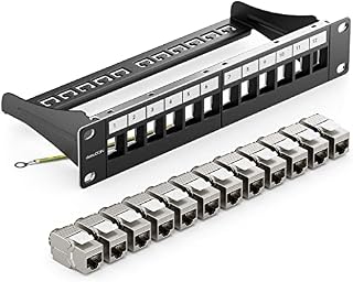 deleyCON 12-Portowy Panel Krosowy Zestaw Modułowy 1 U Montaż w Szafie Rack 10 Cali + 12 Modułów RJ45 Keystone CAT6a Kompatybilny z CAT5 CAT6 CAT7 LAN Kabel Sieciowy Kabel Instalacyjny Czarny