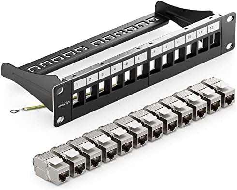 deleyCON 12-Portowy Panel Krosowy Zestaw Modułowy 1 U Montaż w Szafie Rack 10 Cali + 12 Modułów RJ45 Keystone CAT6a Kompatybilny z CAT5 CAT6 CAT7 LAN Kabel Sieciowy Kabel Instalacyjny Czarny