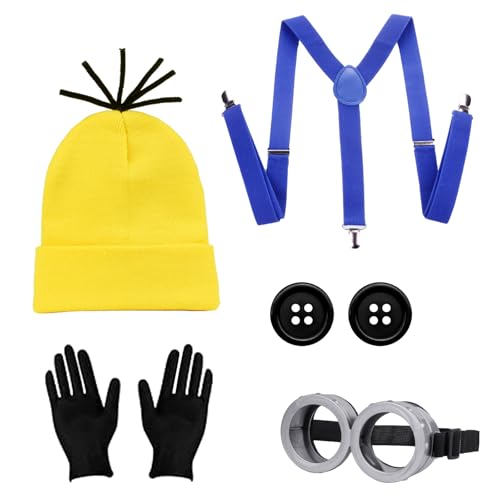 5 PCS Jaune Deguisement Halloween Adultes Enfants, Bonnet Jaune Lunettes Goggles Gants Noirs Boutons Bretelles, Accessoires Deguisement Film Drole pour Fête de Halloween Carnaval Cosplay(Bleu clair)