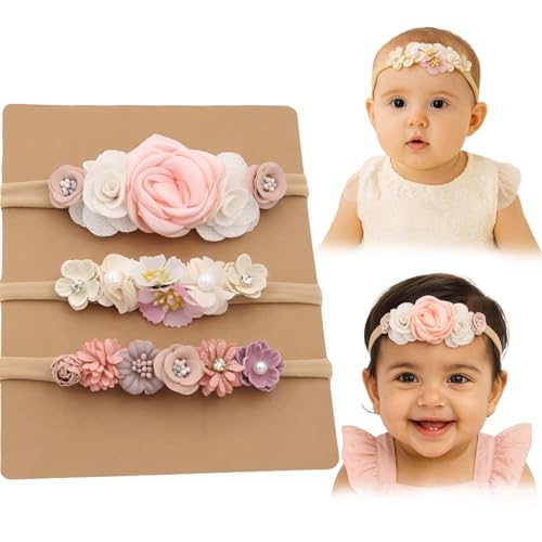 Image of SYGA 3 Pack Baby Girl Floral Headbands - Soft Stretchable Nylon Flower Comfortable Elastic Hairbands for Newborns, Infants & Toddlers 0-3 Years (Design-3)
