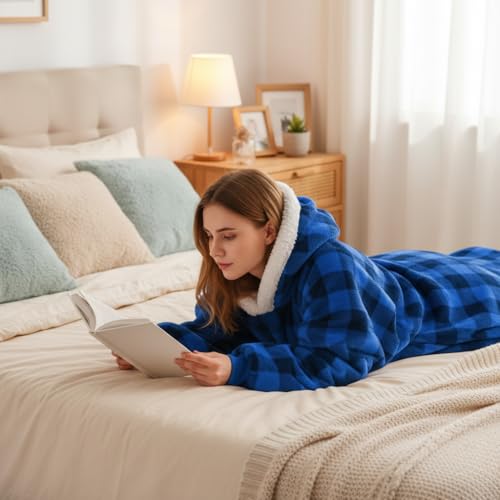 Nvatorfox 5FT Oversized Wearable Blanket Hoodie Flannel Sherpa Fleece Warm Cozy Christmas Wrap Throw Gifts for Adult (Black Blue) - image 3