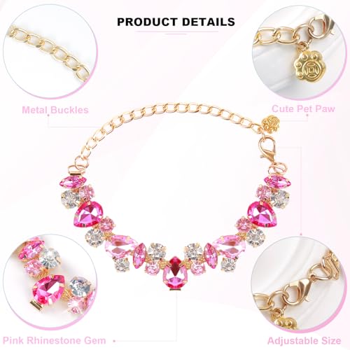 Image of HOWWFALY Dog Collar and Cat Collar Gold Chain Necklace Stainless Steel Adjustable Pink Diamonds Collar with Cute Pet Paw for Small Medium Pets Cats Dogs Kitten Puppy(Pink, L)