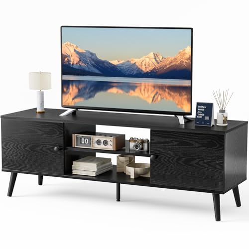 Sweetcrispy TV Stand for 55 60 inch TV, Modern Mid Century Entertainment Center with Storage, Media Console Table 2 Cabinet, Soft Hinge, Handle Door, Wooden Living Room, Office Furniture, Black