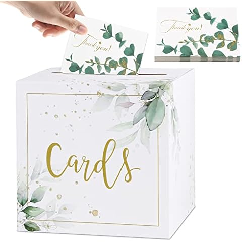 Wedding Card Box Set, Elegant White Kraft Wedding Card Post Box with 30Pcs Thank You Cards Wedding Guest Box for Reception Cover