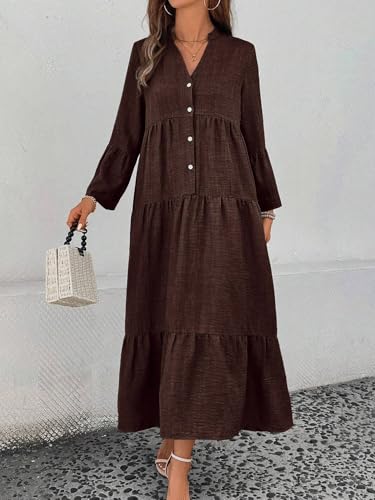 MARZXIN Women's Long Sleeve Maxi Shirt Dress Notched V Neck Single-Breasted Casual Loose Swing Maxi Dress4