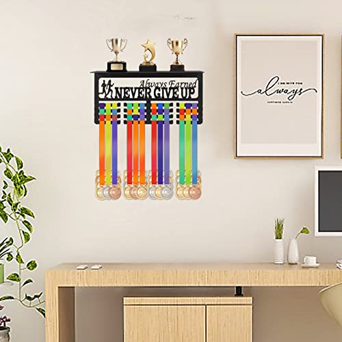 Yexexinm Metal Medal & Trophy Display Shelf, Never Give Up Medal Hanger Display With Trophy Shelf，Medal Holder And Trophy Display Hanger Rack Frame Wall Mount Medal Hanger - Holder Over 70 Medals #TOP6