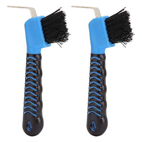 Juego de 2 cepillos para rascar caballos, gancho de acero inoxidable resistente y mango de goma suave para una limpieza eficiente de las pezuñas y el cuidado del establo, azul, 6,69 pulgadas
