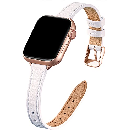 Image of STIROLL Slim Leather Bands Compatible with Apple Watch Band 49mm 46mm 45mm 44mm 42mm(Series 3 2 1), Top Grain Leather Watch Thin Wristband for iWatch Ultra SE Series 11 10 9 8 7 6 5 4(White Rose Gold)