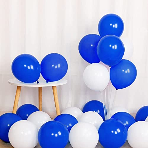 Image of 100pcs Royal Blue and White Balloons 12 Inch w /Ribbon for Party Decorations | GBSAWER Blue and White Balloons for Birthday Graduation Anniversary Wedding Bridal Shower Celebration Party