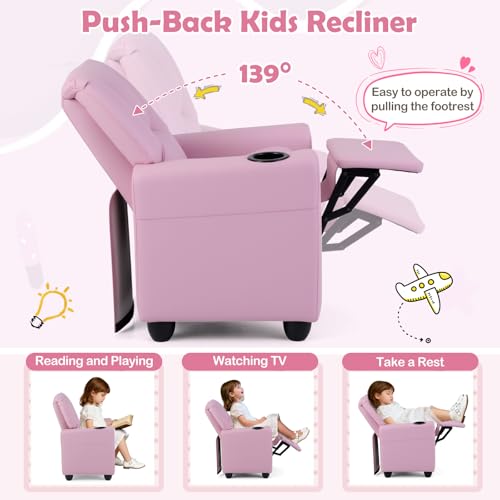 Image of Costzon Kids Recliner Chair with Cup Holder, Toddler Adjustable Lounge Chair w /Footrest for Girls Room, Ergonomic Baby Child Furniture Sofa for Age 3+ Gifts, Kids Pink Mini Recliner up to 150 lbs