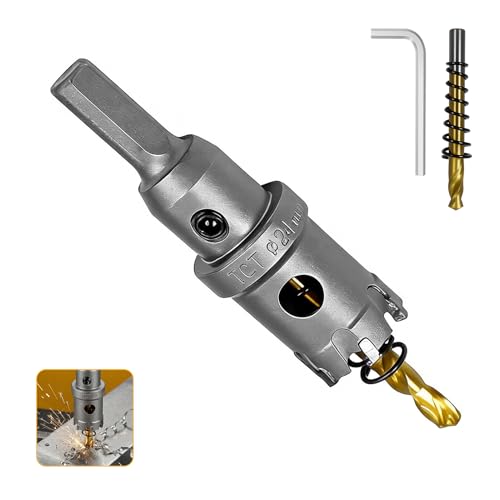Sierra de corona con punta de carburo de 24 mm, sierra de corona para metal para acero inoxidable, hierro, aleaciones, madera, plástico, con diseño de 3 hojas, para taladros de banco, taladros de impa