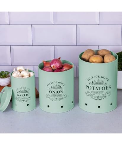Image of Galvanized Metal Vegetable Storage Container Set of 3 for Potato, Onion & Garlic | Ventilated Kitchen Pantry Organizer with Lids | Rust-Resistant Food Storage Bins | Green
