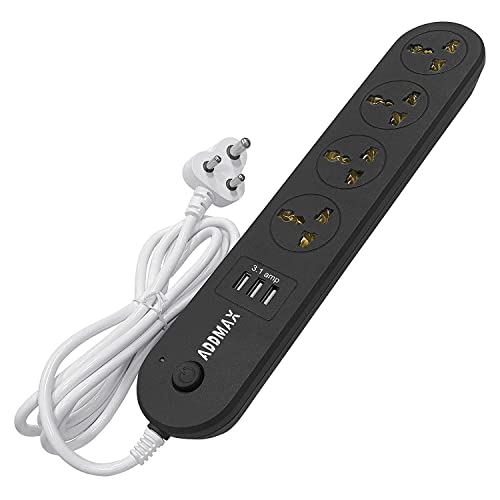 Image of ADDMAX Extension Board 10A 220V with 4 Sockets & 2 USB Ports | 3 Meter Long Cord | Multi Plug Extension Cord with USB Charging Port for Home & Office | Fire Flame Proof - Black