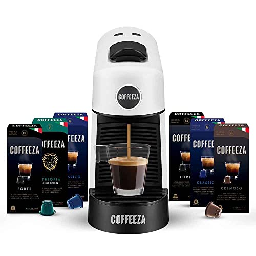 Coffeeza Finero Next Coffee Machine – 20 Bar pressure, 1200-1400 Watt. Perfect for making Espresso & Cappuccino + 60 FREE assorted capsules included (White)