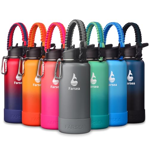 Image of Farsea Insulated Water Bottle With Paracord Handle, Protective Silicone Boot and 2 Lids (Straw Lid & Spout Lid), Stainless Steel Water Bottle Wide Mouth, Double Wall Sweat-Proof BPA-Free,32 oz
