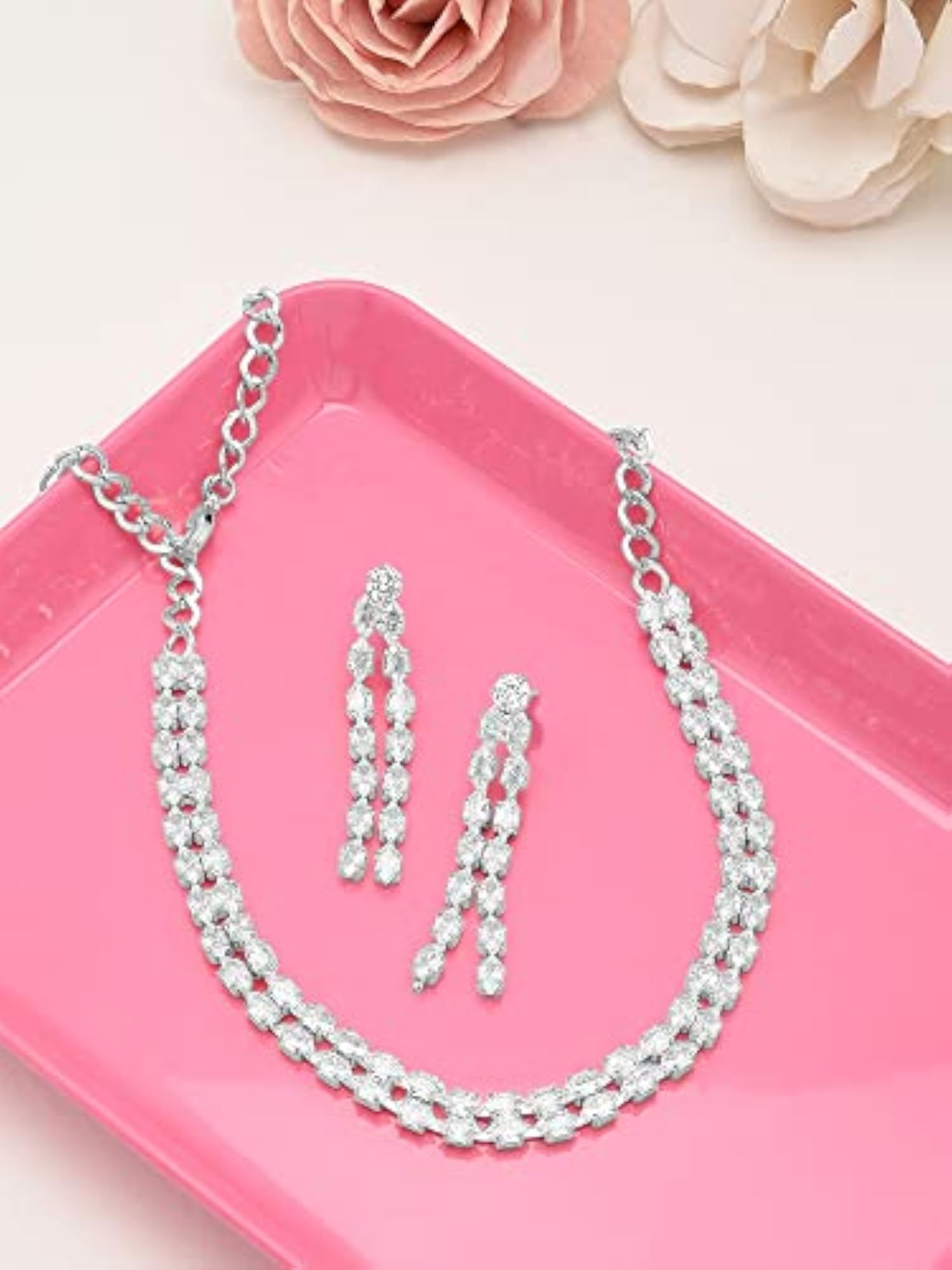Silver Tone Marquise Cubic Zirconia Necklace and Earring Set
