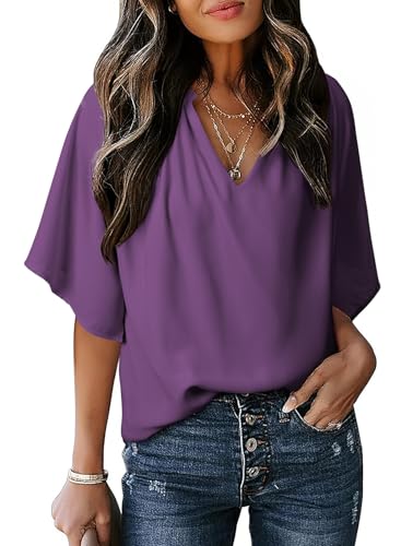 Dokotoo Women's Tops Chiffon Blouses for Women Dressy Casual Bell Short Sleeve Shirts for Women V Neck Business Casual Work Shirt Ladies Tops and Blouses Womens Clothing Trendy Outfits Purple L