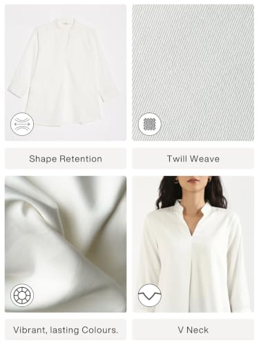 Image of SAADAA Top for Women, Viscose Pleated Tops, V-Neck with a Collar, 3 /4 Sleeve Length, Office & Casual Wear