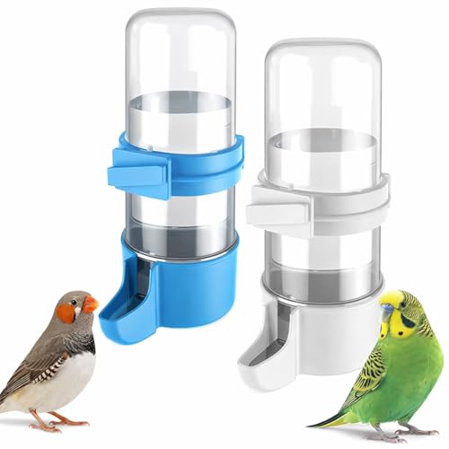 2 Pcs Automatic Bird Water Dispenser Cage-Mounted Bird Water Feeder Budgie Water Dispenser for Parakeet Cockatiel Parrot & Hamster (White & Blue)