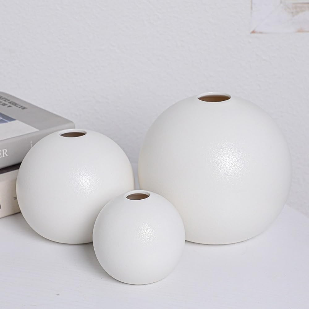 Keramik Kugelvase rund Vase 3er Set minimalistisch Blumenvase für Pampasgras Trockenblumen Tischdeko Wohnzimmer Esstisch Büro Innenbereich Moderne Dekoration Geschenkidee,Weiß