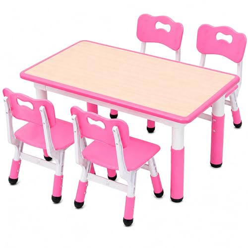 UNICOO Kids Table and 4 Chairs Set Height Adjustable Toddler Desk and Chair Set Children Multi-Activity Table Graffiti Desktop for Classroom/Daycare/Home Ages 2-8