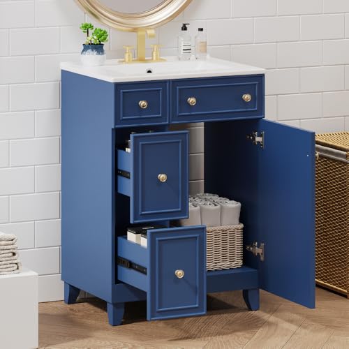 Image of 24 Inch Bathroom Vanity with Ceramic Sink, Freestanding Vanity Cabinet with 2 Drawers and 1 Door (Blue)