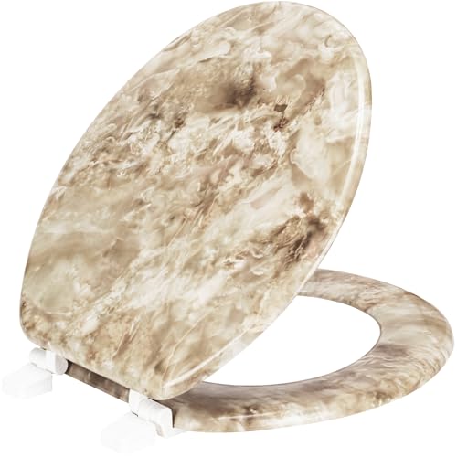 Wood Toilet Seat By PREMIUS, Standard Round, 17 Inches, Stylish Marble Printed Design, Durable MDF Wood Material, Plastic Hinges, Comfortable Seat, Quick Installation & Easy to Clean (Beige Marble)